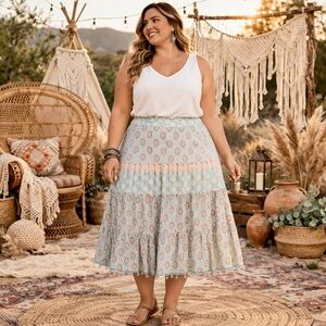 Apostrophe Plus Size Boho Multicolor Maxi Skirt Beaded Tassel Hem Tiered Pattern